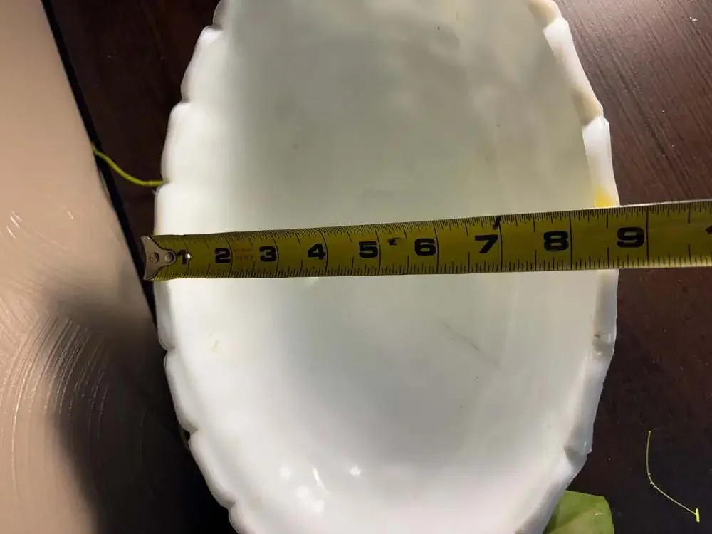 Vintage Milk Glass Pedestal Bowl Octagonal Scalloped Rim Grape Leaf Fruit Design